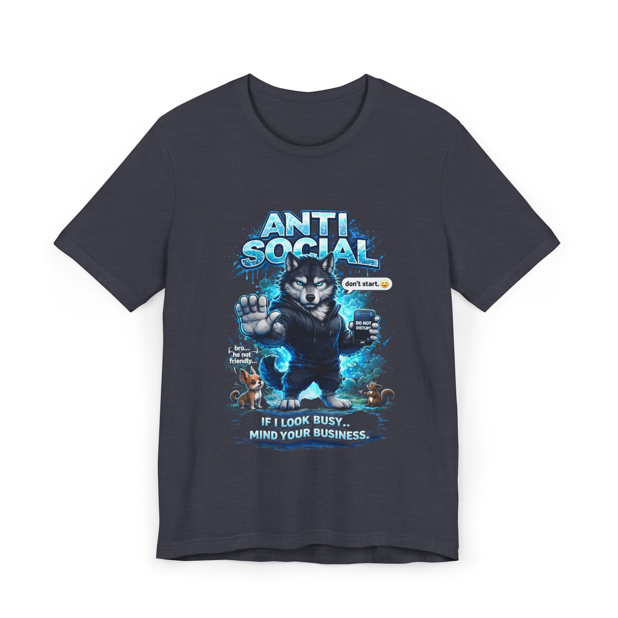 Add the Anti Social Wolf T-Shirt — Funny Introvert Graphic Tee by Timewarp Drip to your collection! This dark streetwear tee features a grumpy wolf in a hoodie, blue graffiti "ANTI SOCIAL," and "If I look busy… mind your business.