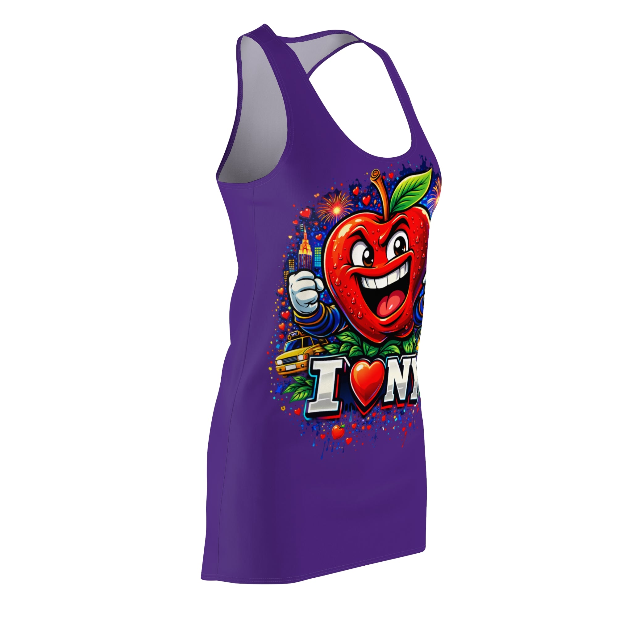 Purple racerback dress with "Big Apple Attitude" all-over print by I LOVE NY on TimeWarp Drip, showing a stylish sleeveless design.