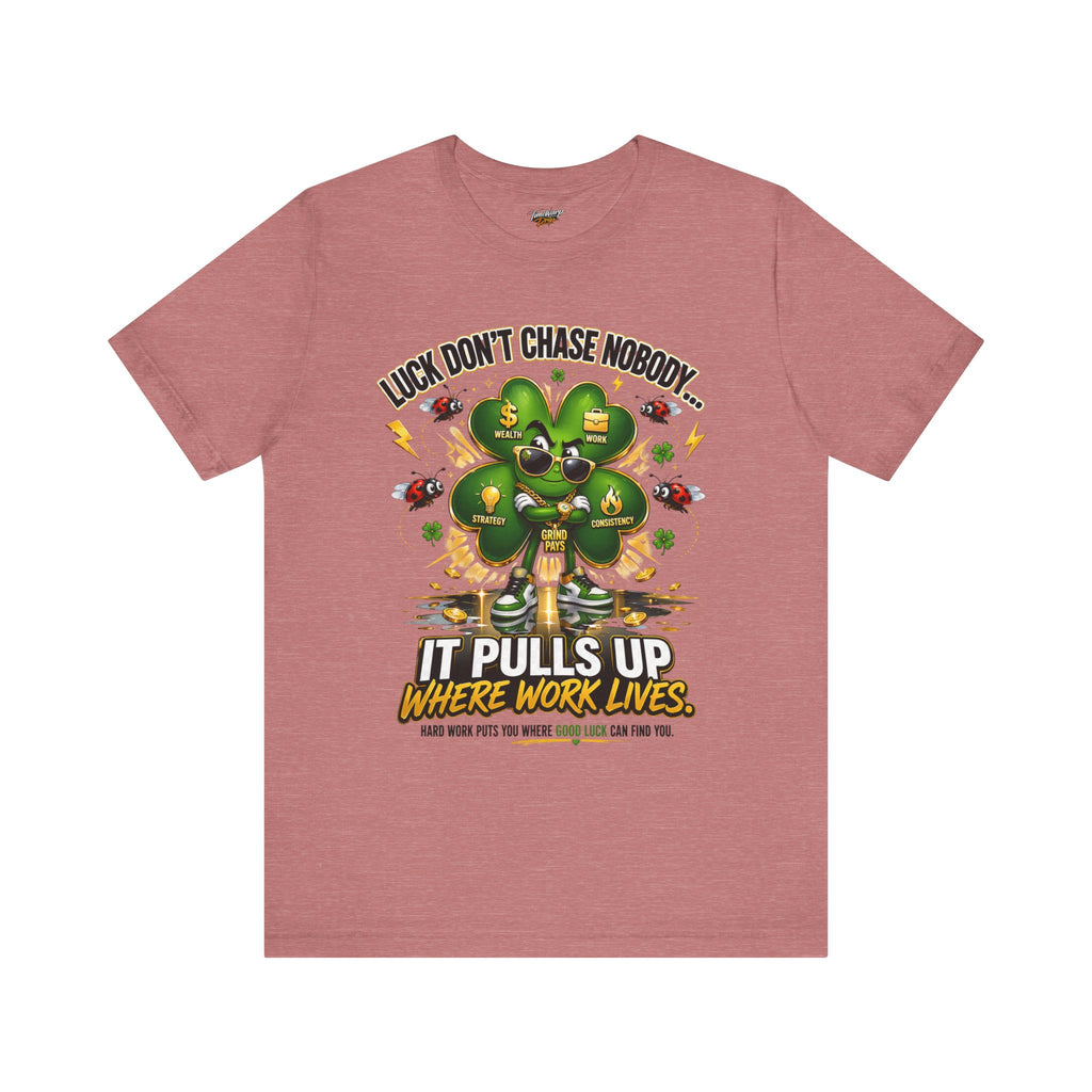 TimeWarp Drip Mauve Lucky Clover “Pulls Up Lives” street tee by TimeWarp Drip, dripping with four-leaf clover flex. Sizes S–XL. streetwear apparel