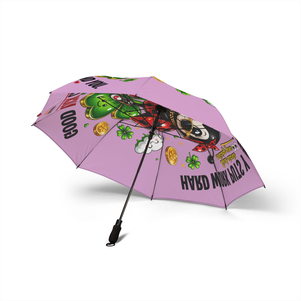 TimeWarp Drip Drip in luck: Foldable pink ladybug umbrella by Printify, fierce street-style art & bold GOOD LUCK/Y ZITO MONO GRAM details. streetwear apparel
