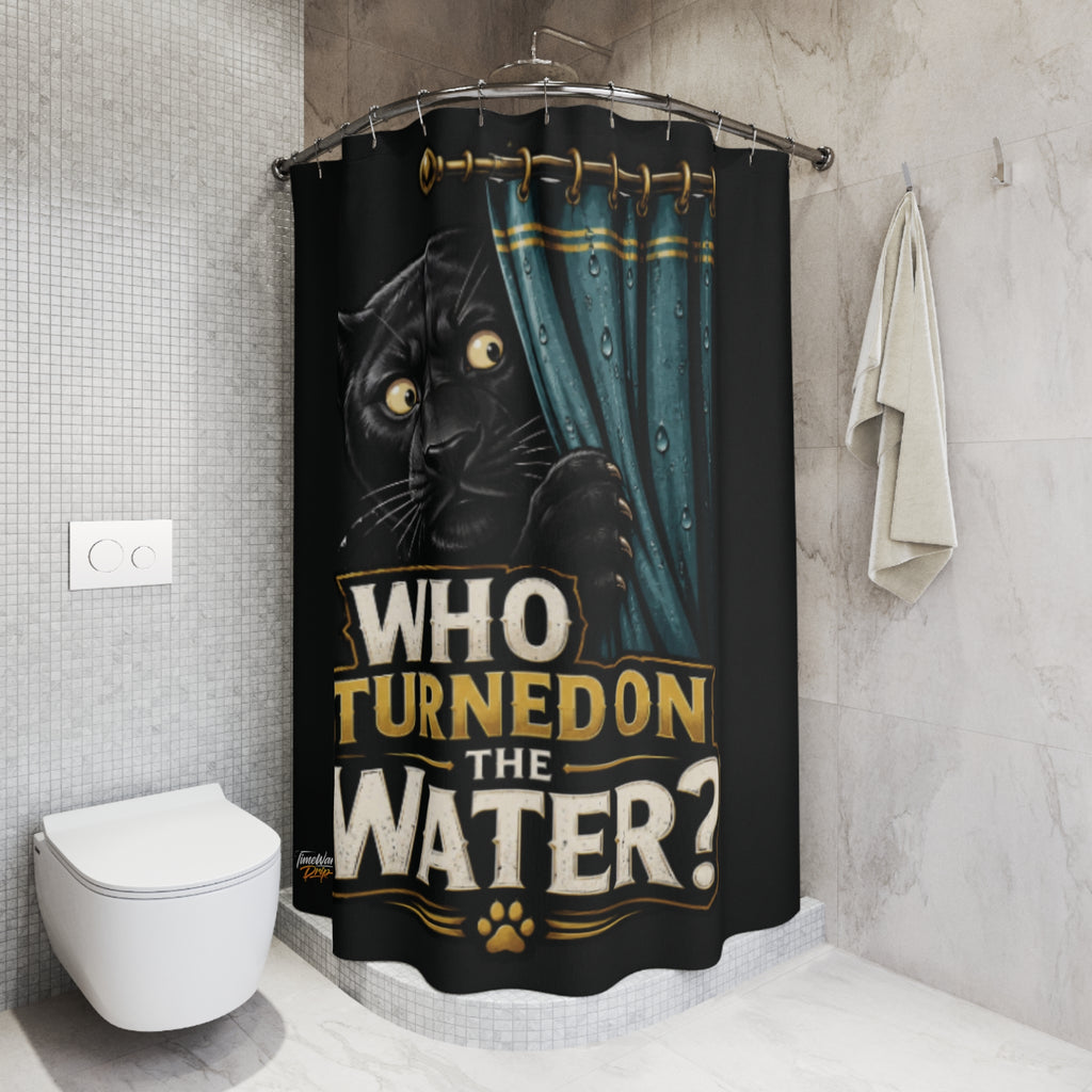 TimeWarp Drip Printify blue shower curtain pops with a bold cartoon animal guardian—TimeWarp Drip style for legendary bathroom swagger. streetwear apparel