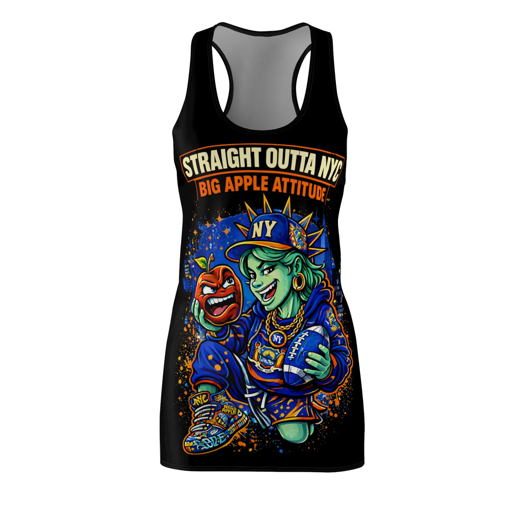 Black racerback dress with "Straight Outta NYC Big Apple Attitude" all-over print, designed by TimeWarp Drip.