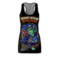 Black racerback dress with "Straight Outta NYC Big Apple Attitude" all-over print, designed by TimeWarp Drip.