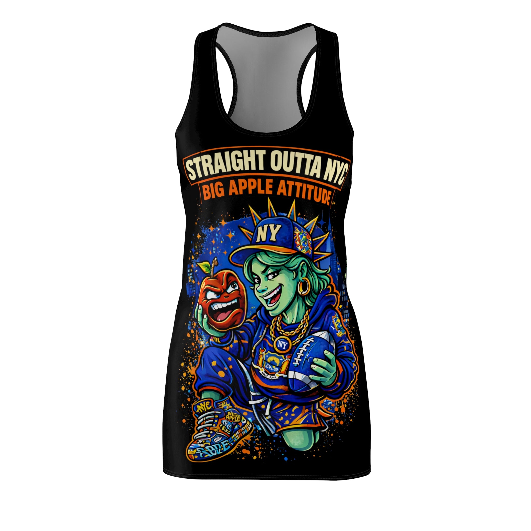 Black racerback dress with "Straight Outta NYC Big Apple Attitude" all-over print, designed by TimeWarp Drip.