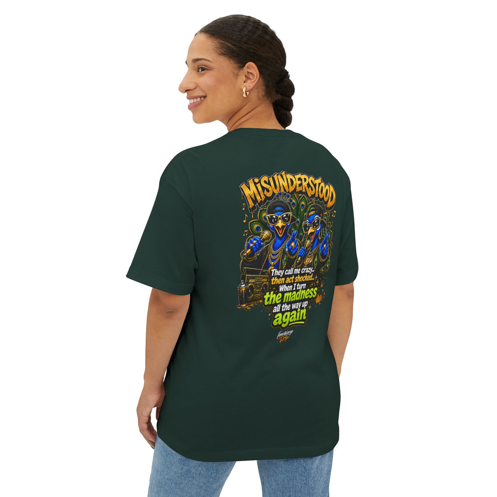 TimeWarp Drip – Oversized white boxy tee with vibrant dual peacock hip-hop street art, bold “They Call Me Crazy I Call It Genius” slogan. | premium streetwear