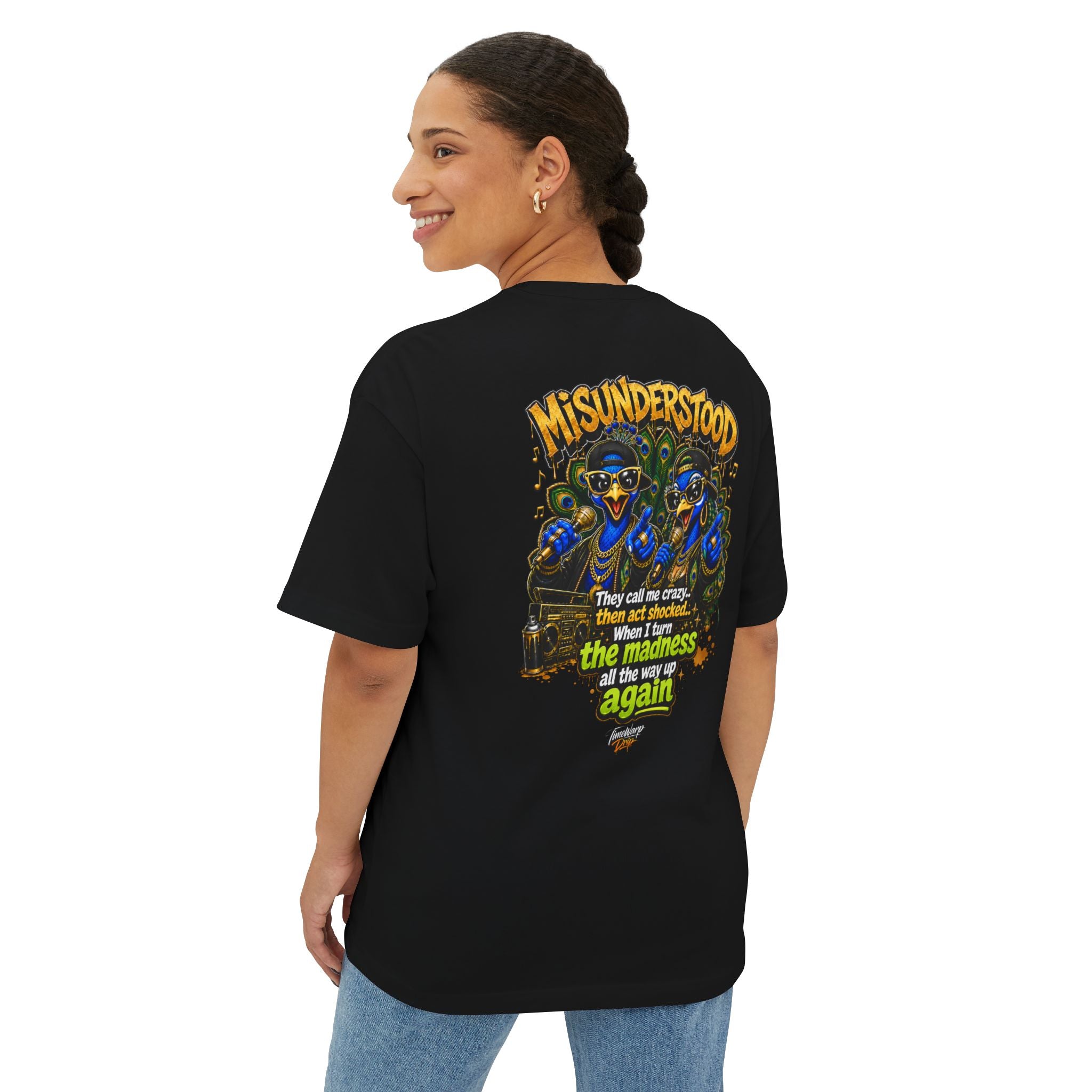 TimeWarp Drip – Oversized white tee with vibrant Dual Peacock Hip-Hop street art, city edge style, woman smiling, back facing camera. | premium streetwear