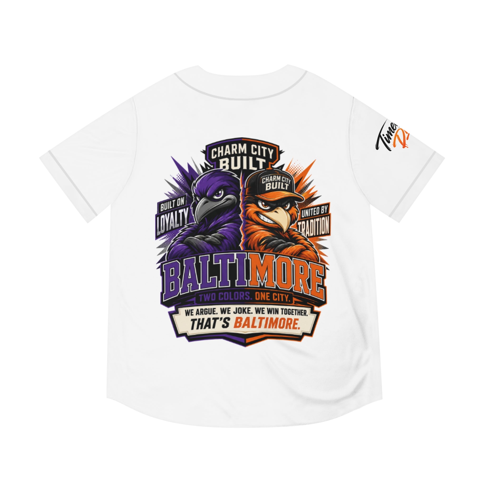 TimeWarp Drip White baseball jersey drippin’ with Baltimore vibes—purple raven, orange oriole flexin’ that Charm City Built swagger. 