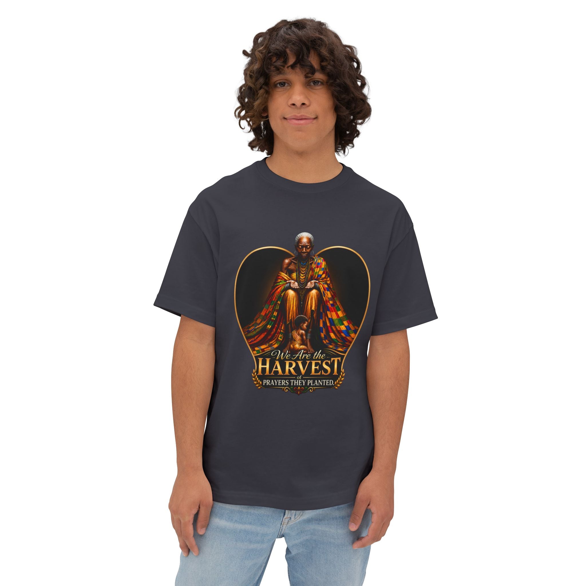 TimeWarp Drip – Oversized black boxy tee with bold "We Are the Harvest" graphic, radiating confidence and downtown Premium Urban Fashionedge. | premium streetwear
