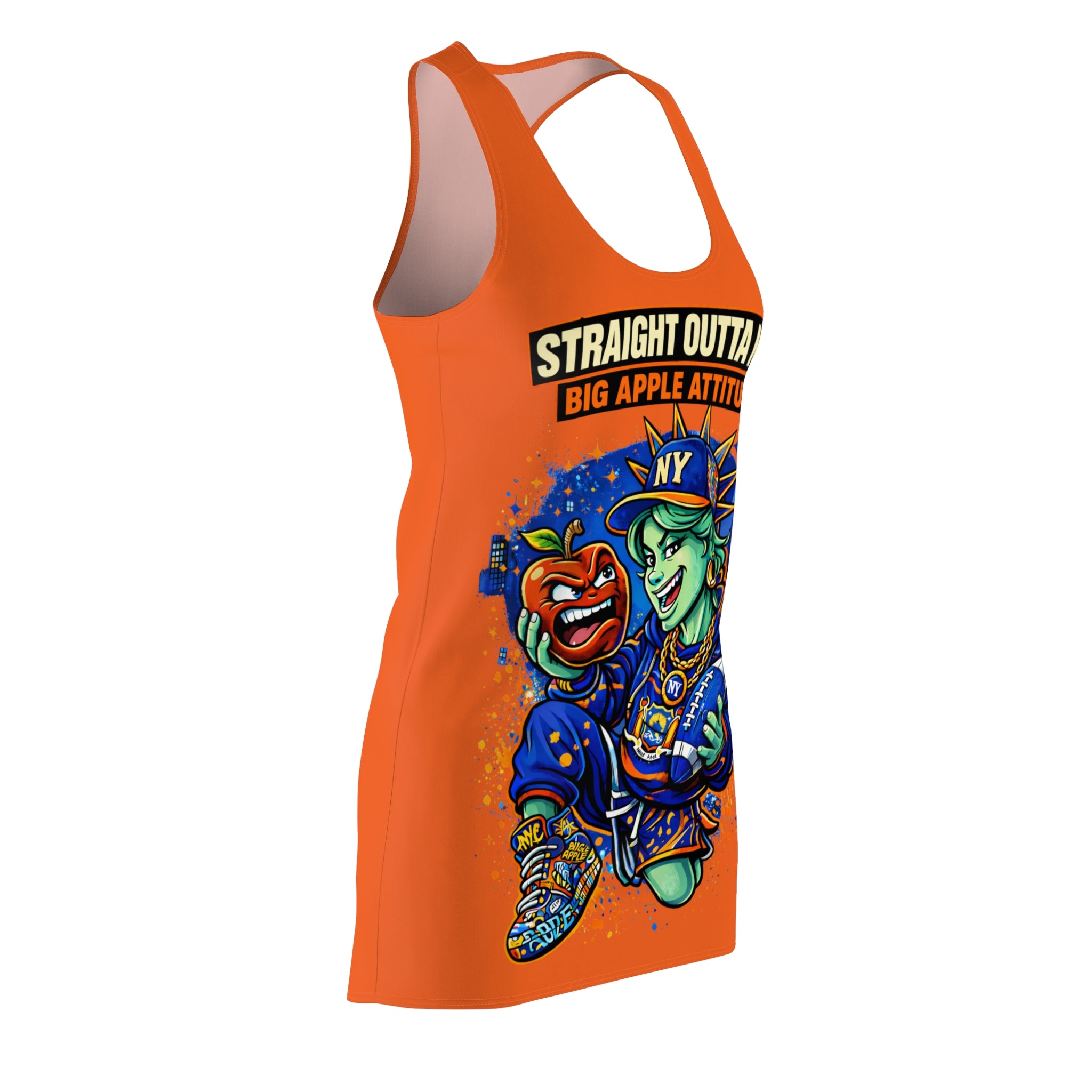 Orange racerback dress with all-over NYC "Big Apple Attitude" print, by TimeWarp Drip, showcasing vibrant city-inspired design.