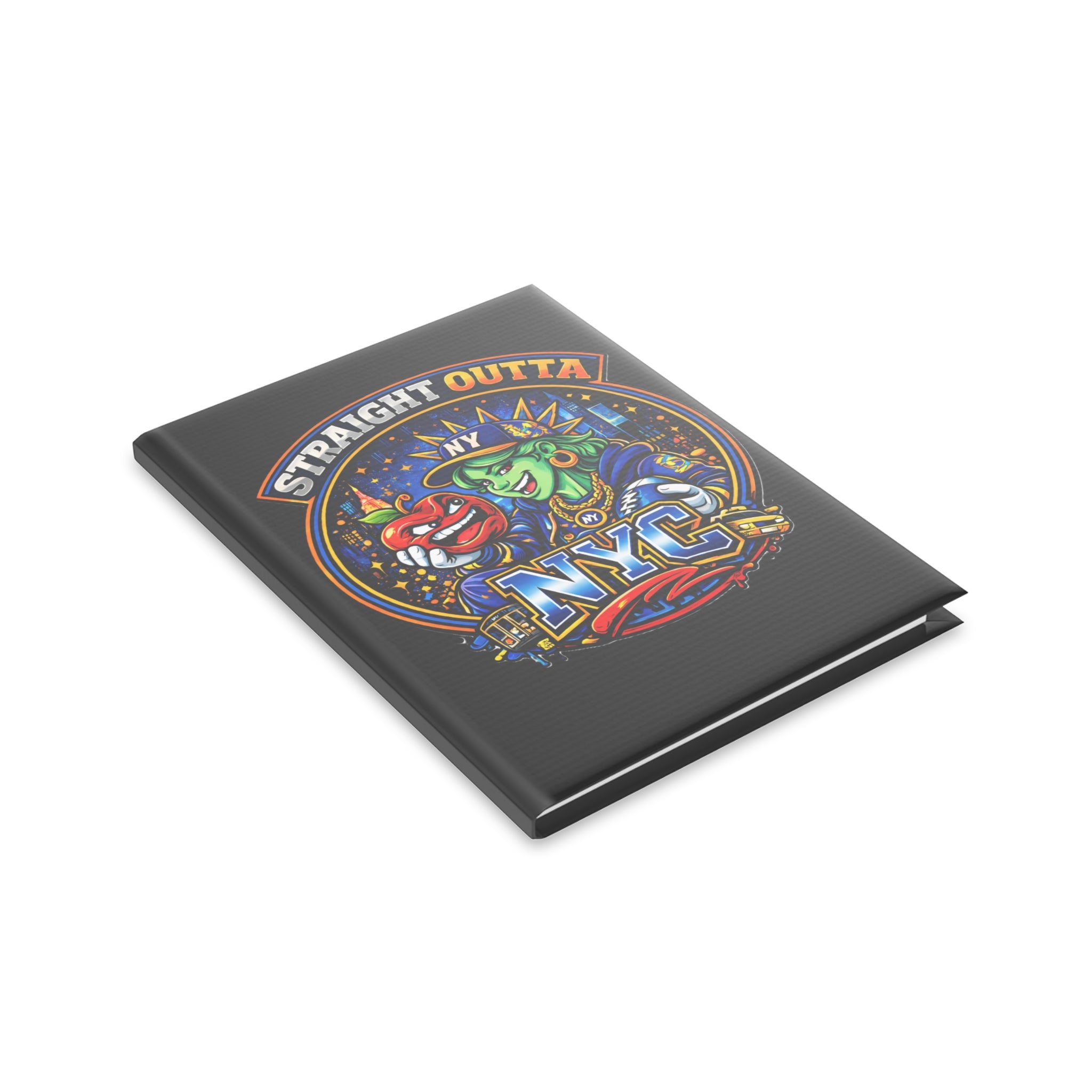 Black hardcover notebook featuring a New York City Statue of Liberty graphic and "Straight Outta NYC" text by TimeWarp Drip.
