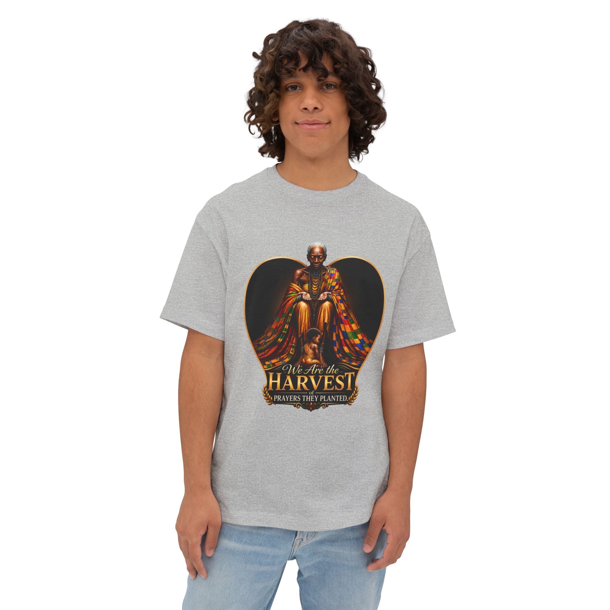 TimeWarp Drip – Oversized boxy black tee with bold “We Are the Harvest” blessing and guidance street graphic, urban vibes, city-ready style. | premium streetwear