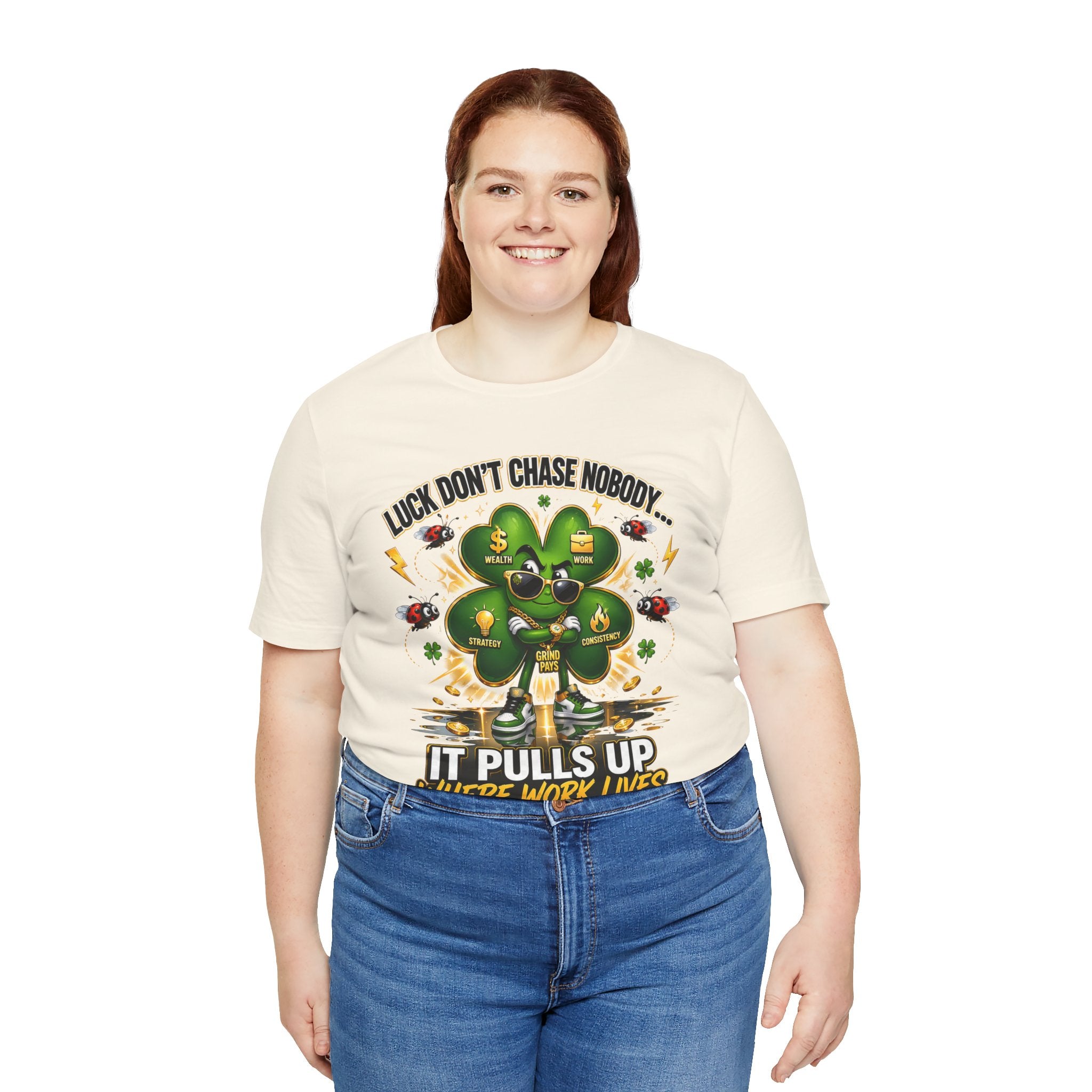 TimeWarp Drip Confident woman rocks a bold black "Luck Don't Chase Nobody" streetwear tee with neon green 4-leaf clover graphic. streetwear apparel