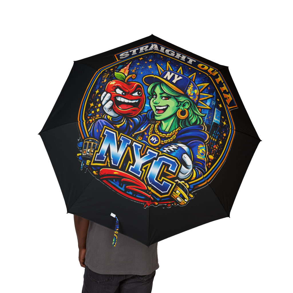 Black NYC Night Out foldable umbrella with colorful design, semi-automatic rain umbrella from TimeWarp Drip, compact and stylish accessories.