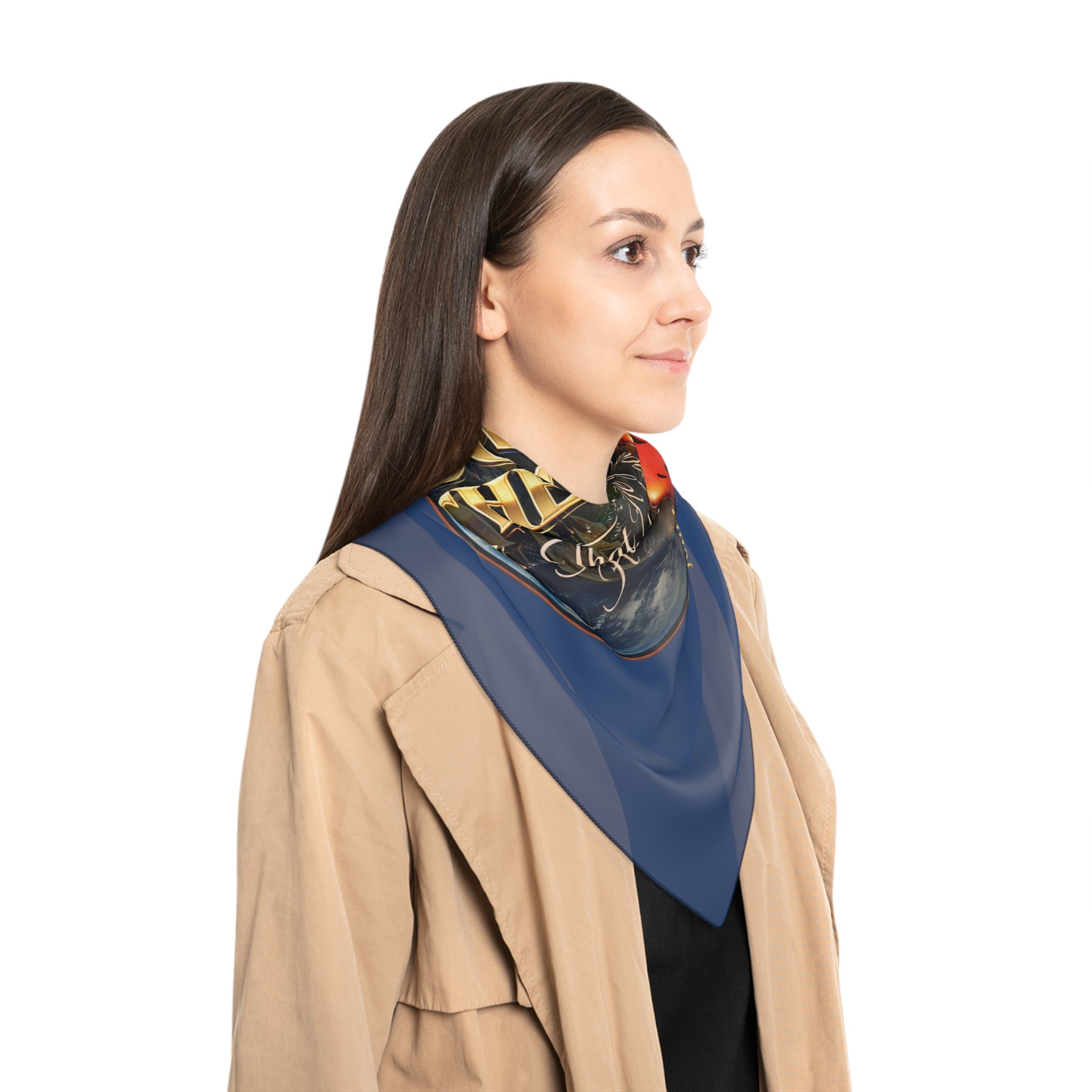 TimeWarp Drip Street-chic queen rocks tan coat and brown hair, flexing TimeWarp Drip 's John 3:16 Poly Scarf—faith meets drip in bold style!. Premium Urban Fashionapparel