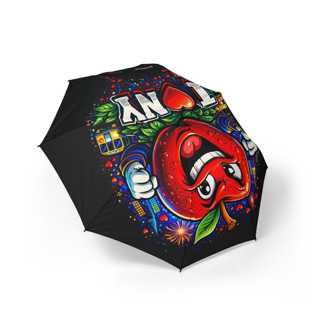 The TimeWarp Drip I Love NYC Foldable Umbrella (Black) features a colorful design with a smiling red apple character, fireworks, city buildings, and “I ❤️ NY” in bold white letters. This semi-automatic rain umbrella is one size and easy to carry.