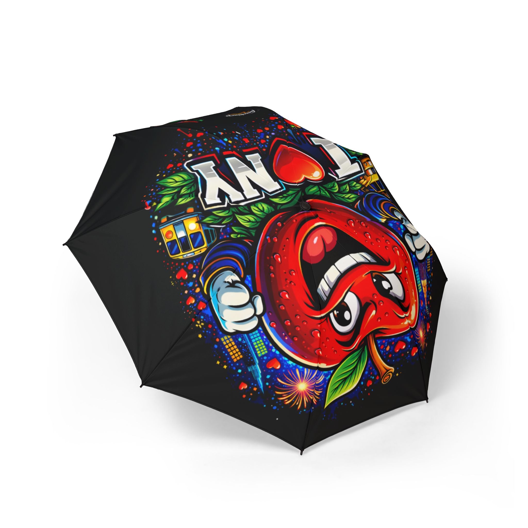 The TimeWarp Drip I Love NYC Foldable Umbrella (Black) features a colorful design with a smiling red apple character, fireworks, city buildings, and “I ❤️ NY” in bold white letters. This semi-automatic rain umbrella is one size and easy to carry.