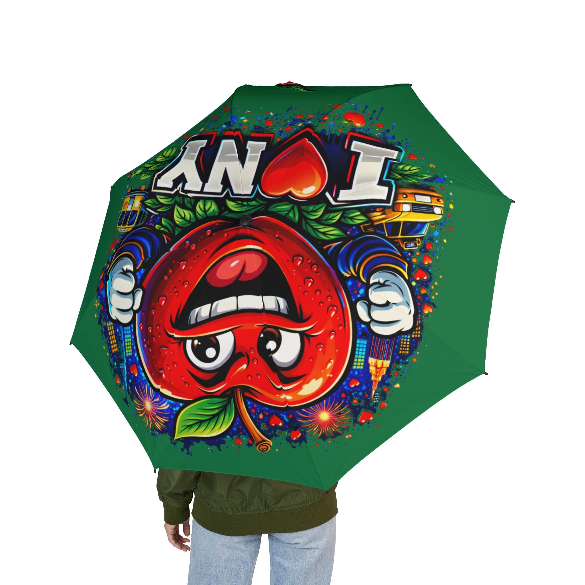 Green I Love NYC foldable umbrella with colorful design, semi-automatic rain umbrella, accessory by Printify