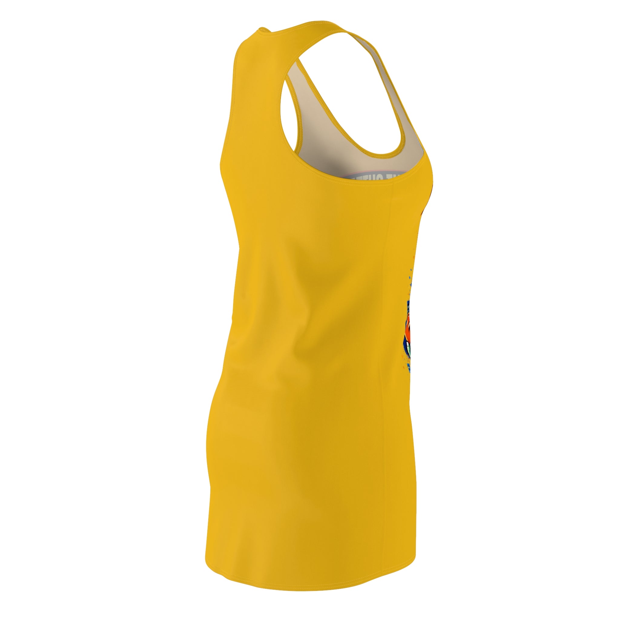 Yellow racerback dress with all-over NYC "Big Apple Attitude" print by TimeWarp Drip, featuring bold graphic design and vibrant colors.