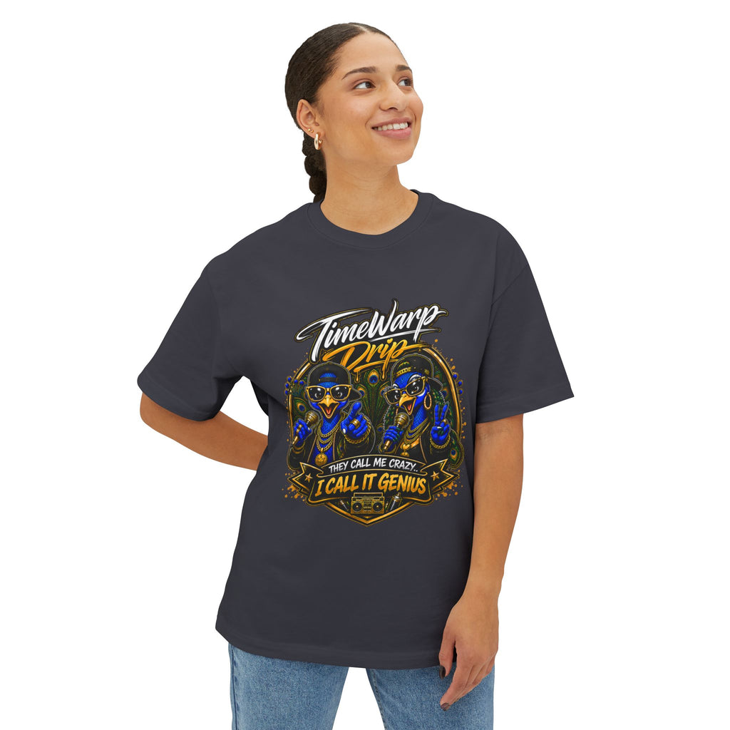 TimeWarp Drip – Oversized black boxy tee, bold "They Call Me Crazy I Call It Genius" slogan, dual peacock hip-hop street art graphic. | premium streetwear
