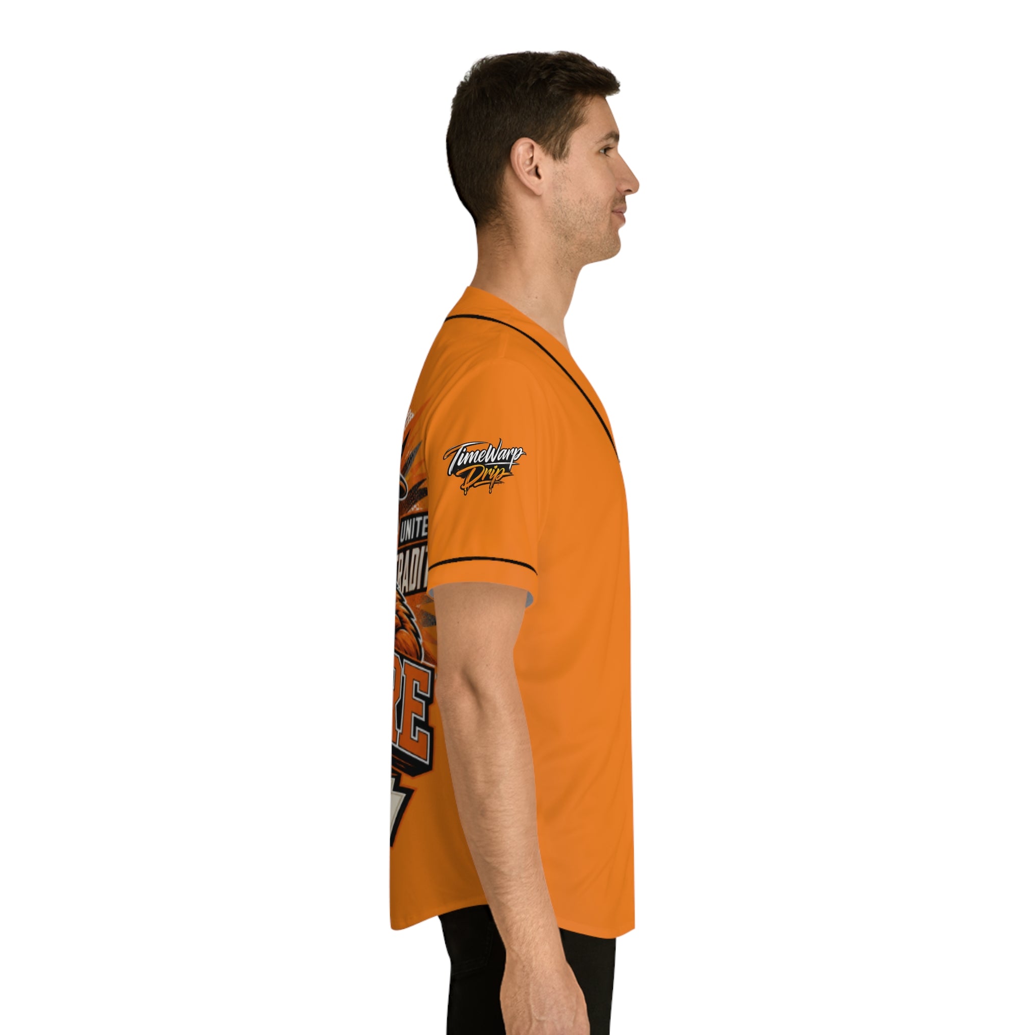 TimeWarp Drip – Orange baseball jersey with bold black trim and graphics, exuding city swagger; worn in profile for urban street style edge. | premium streetwear