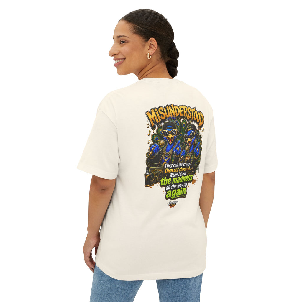 TimeWarp Drip – Oversized black tee, bold "They Call Me Crazy I Call It Genius" print, dual peacock street art, urban-chic edge. | premium streetwear