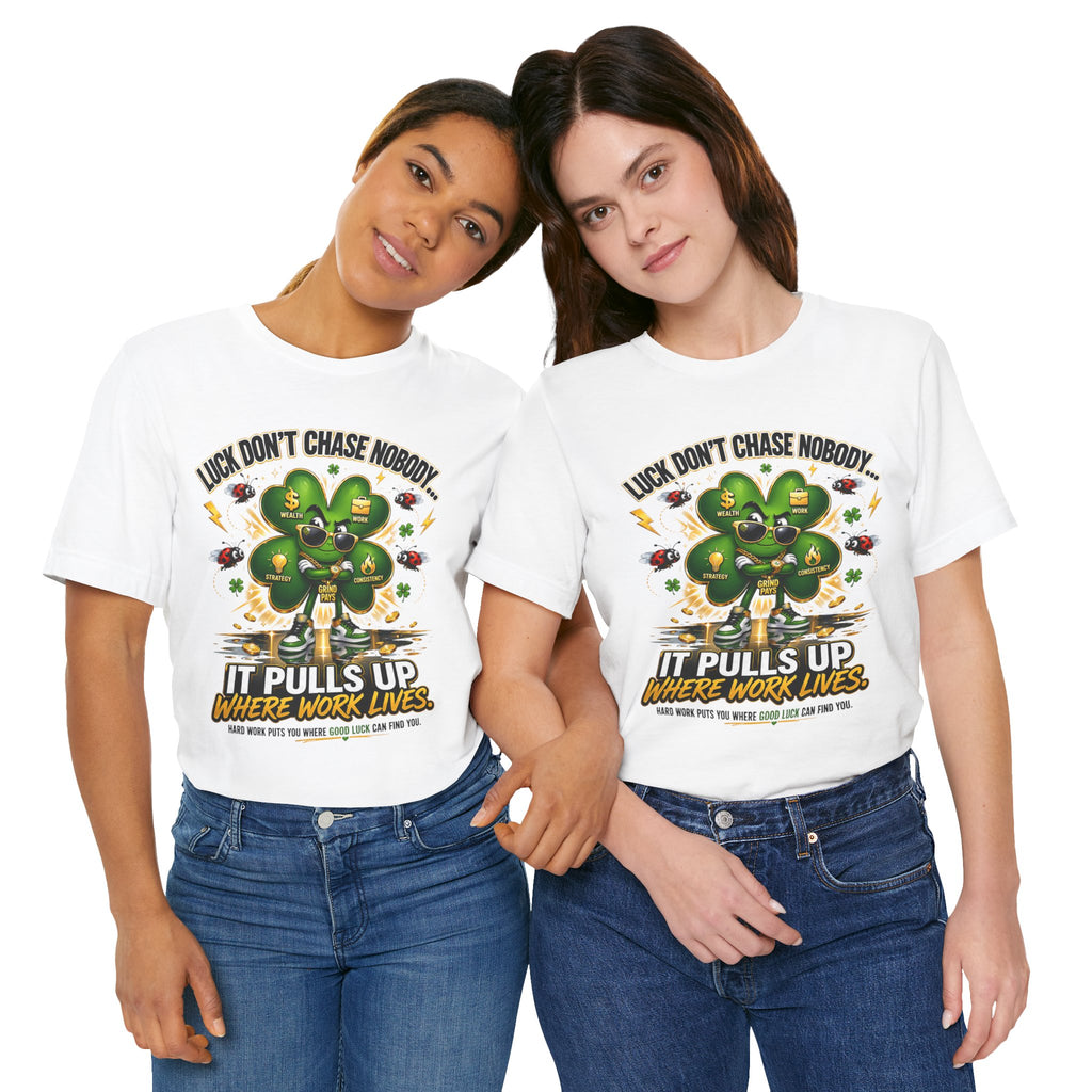 TimeWarp Drip Two queens rock Printify's bold black "Luck Don't Chase Nobody" tees, 4-leaf clover drip, hands locked—streetwise style unite. streetwear apparel