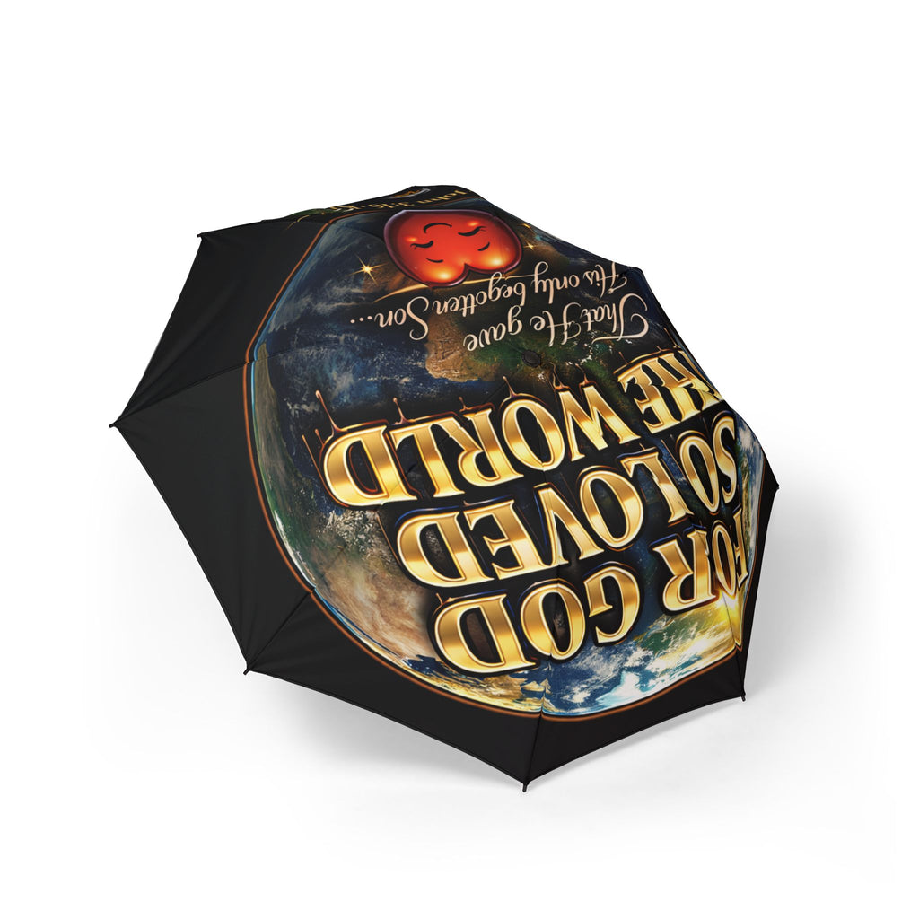 TimeWarp Drip Printify black foldable John 3:16 umbrella—gold “For God So Loved the World” script, bold red emblem, streetwise style. streetwear apparel