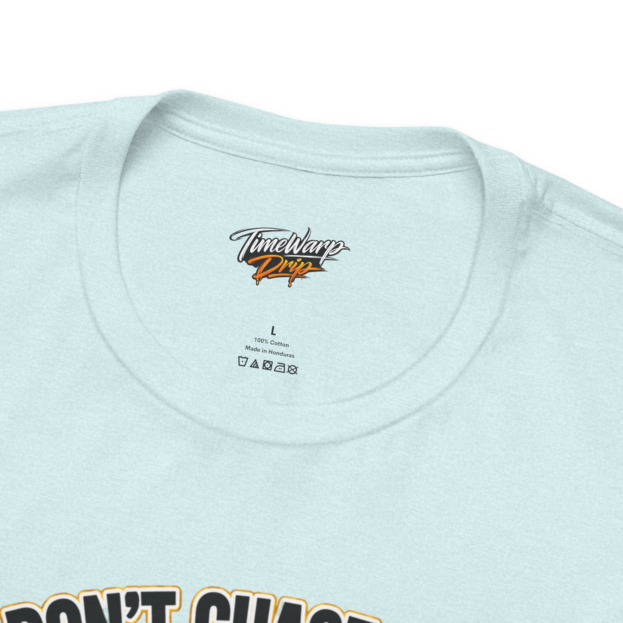 TimeWarp Drip Sky blue Airlume cotton tee by Printify, rocking Luck Don’t Chase Nobody clover drip and bold branded collar info. streetwear apparel