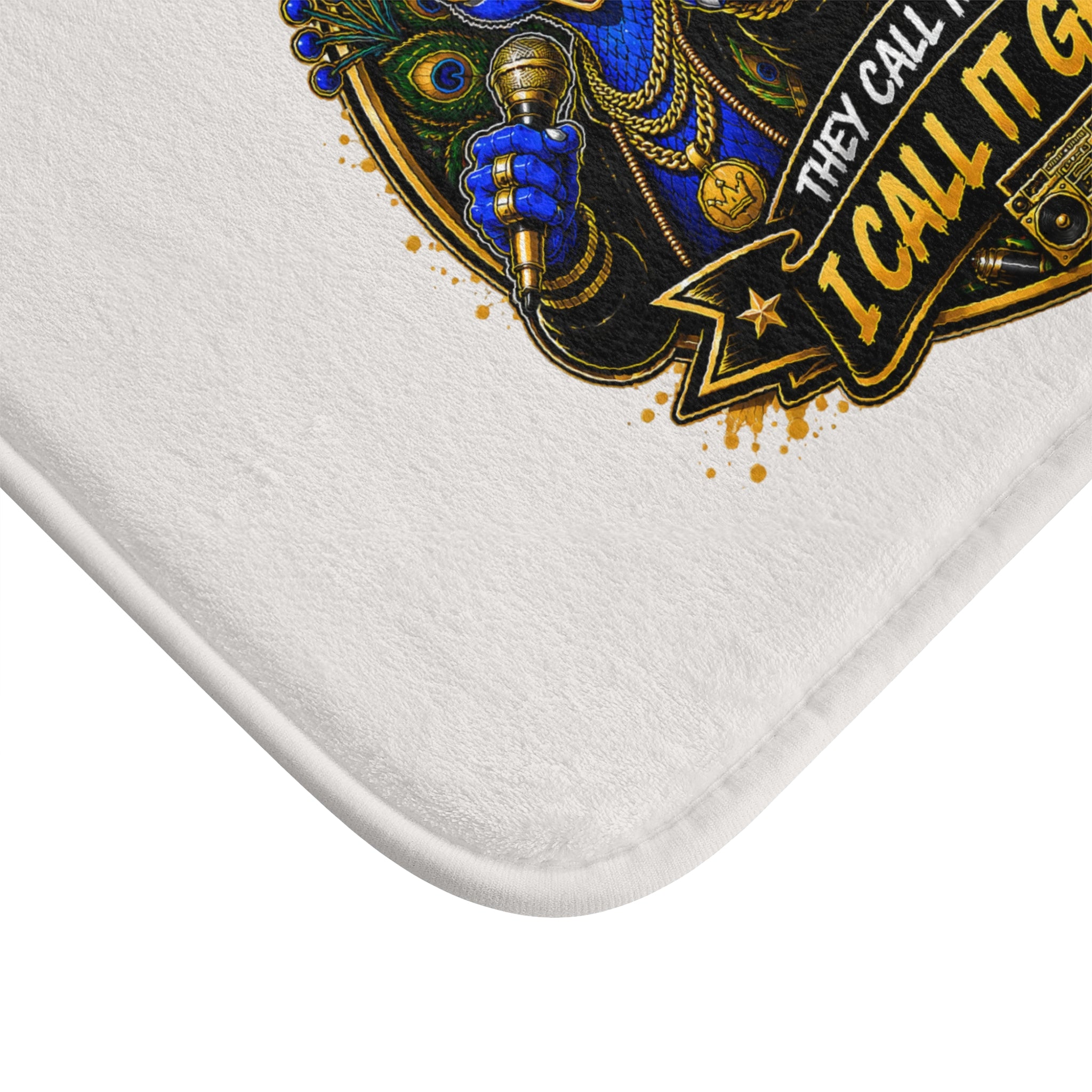 TimeWarp Drip – Bath mat in bold urban hues, dual peacock design, hip-hop street art print, premium city-inspired style. | premium streetwear
