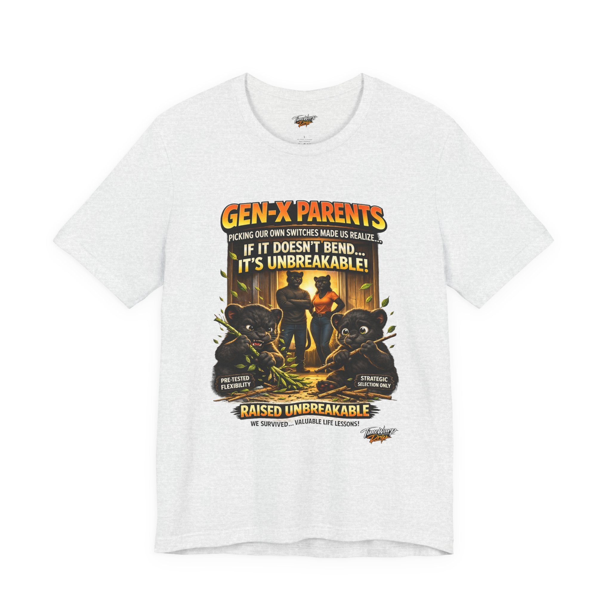TimeWarp Drip Printify Raised Unbreakable Tee: Bold black Gen X streetwear, “Picked Our Own Switches” drip for fearless retro parents. streetwear apparel