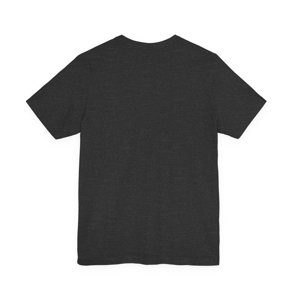 The Calm Energy Vibes T-Shirt — "I Run the Forecast" CEO Energy by Printify is a plain, short-sleeved, dark heather gray lightweight tee shown laid flat with its back side facing up against a white background.