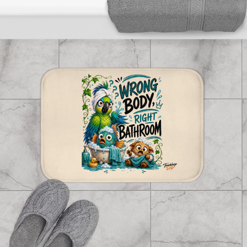 TimeWarp Drip bath mat in bold white—"Wrong Body, Right Bathroom™" with wild cartoon creatures. Street drip on memory foam. 