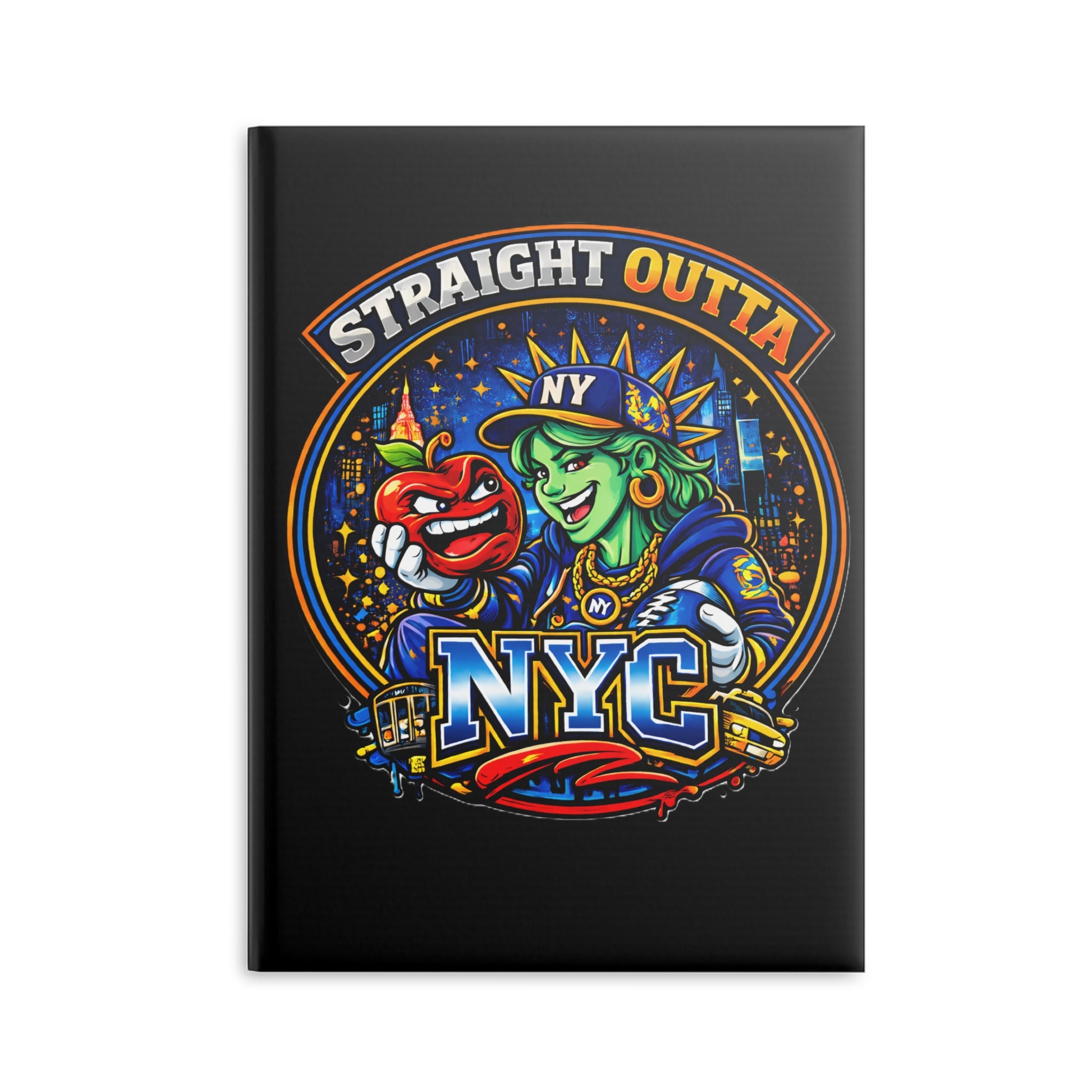 Black hardcover notebook with "Straight Outta NYC" and Statue of Liberty graphic on the cover, featuring lined pages for writing.