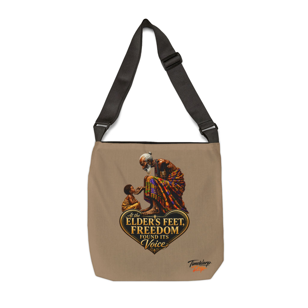TimeWarp Drip – Tan tote bag with "We Are the Harvest" print, Generational Blessing detail, city-ready for Black History & Juneteenth. | premium streetwear