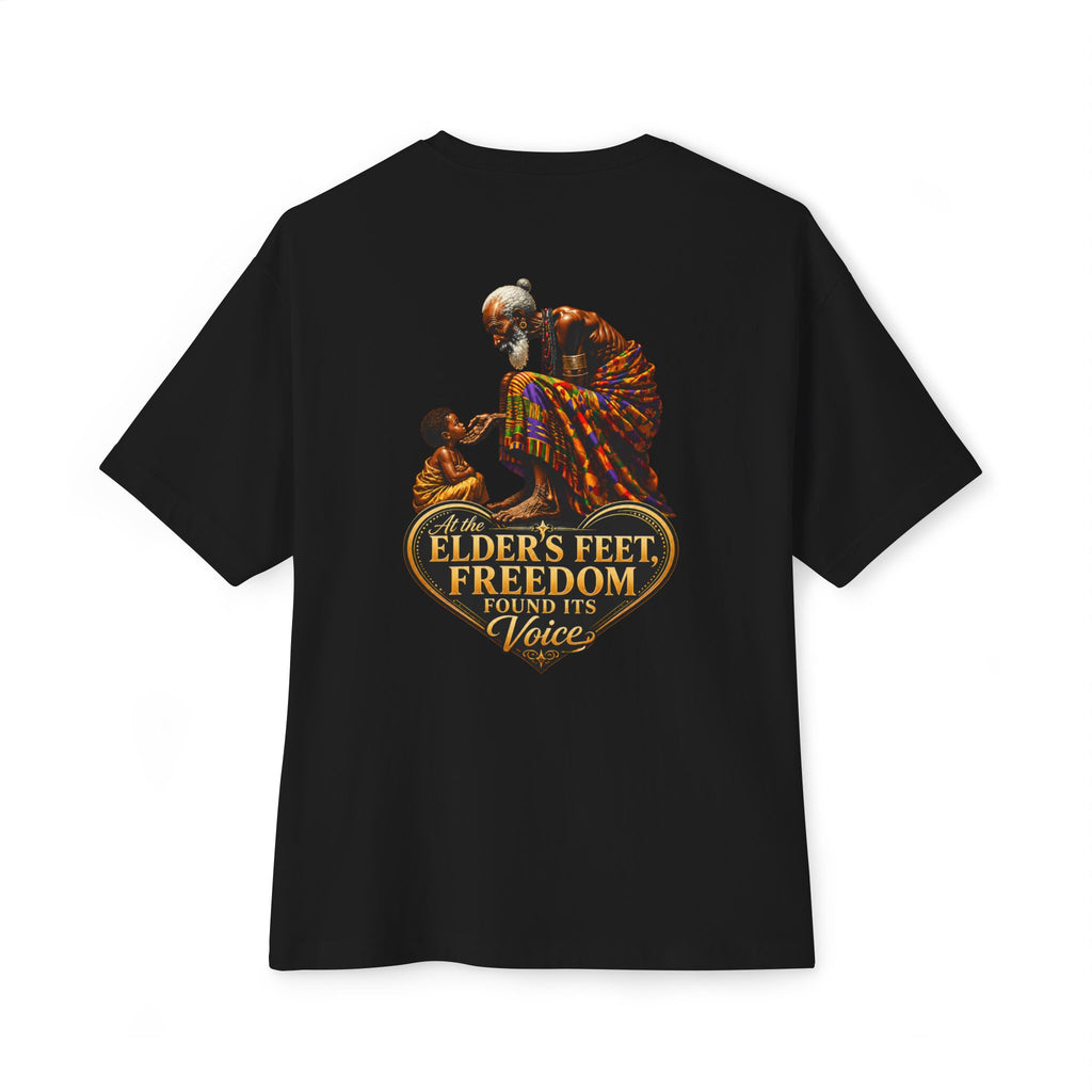 TimeWarp Drip – Black Premium Urban Fashiontee with generational blessing art, bold script: At the Elder’s Feet, Freedom Found Its Voice. | premium streetwear