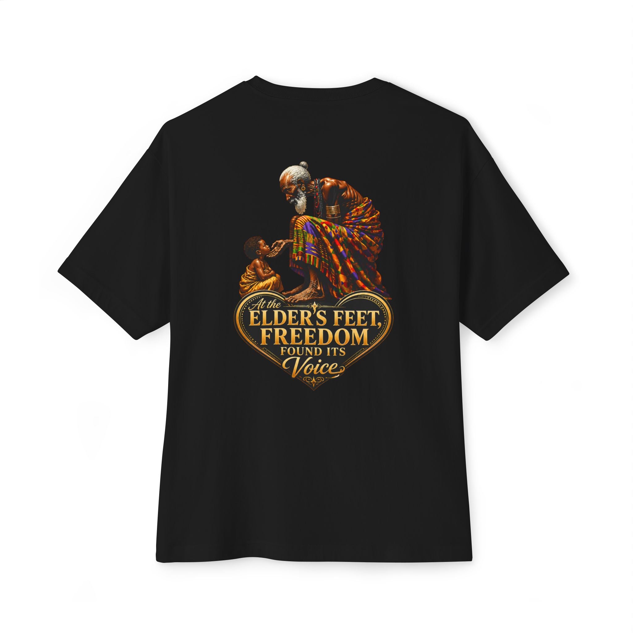 TimeWarp Drip – Black Premium Urban Fashiontee with generational blessing art, bold script: At the Elder’s Feet, Freedom Found Its Voice. | premium streetwear