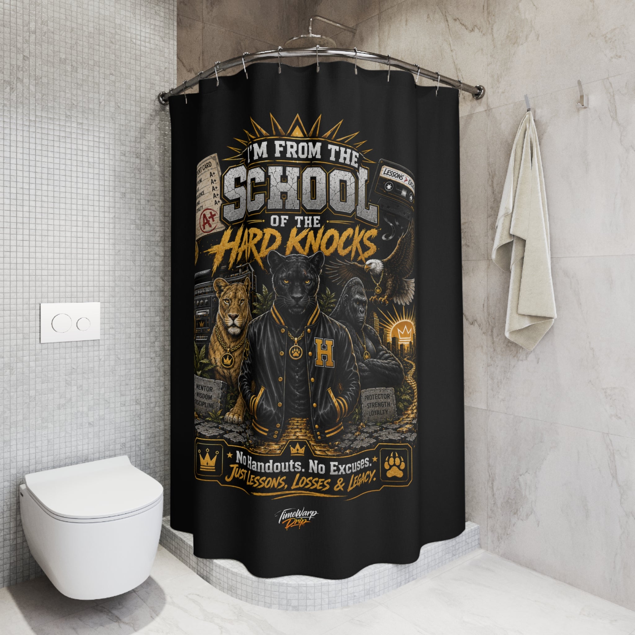 TimeWarp Drip – Black motivational shower curtain with fast-dry fabric, bold animal graphic detail, and urban street style attitude. | premium streetwear