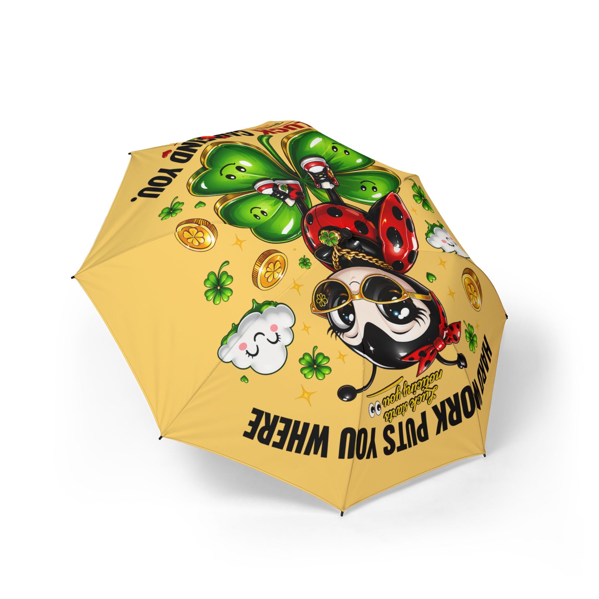 Cute Lucky Ladybug Foldable (Yellow) Umbrella — Rain Accessory: Features a cartoon sloth with sunglasses, shamrocks, gold coins, ladybugs, and a rainbow. One size with a roomy canopy. Text: Hard work puts you where good luck can find you.