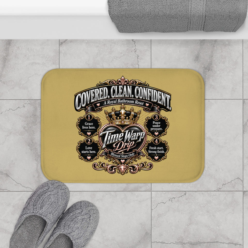 TimeWarp Drip Covered. Clean. Confident Daily Affirmations Bath Mat—black, bold, streetwise style for safe, drip-fresh bathroom swag. streetwear apparel