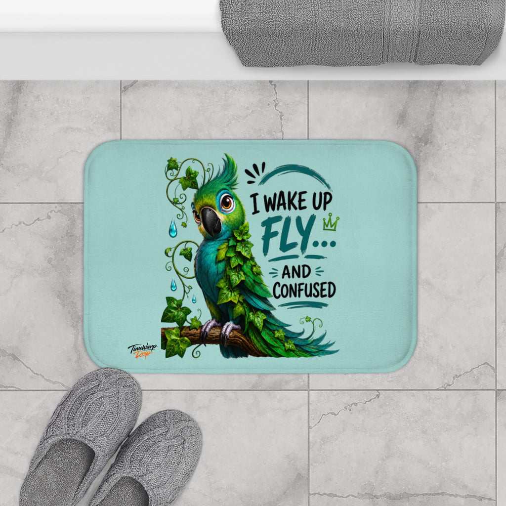 TimeWarp Drip Aqua Parrot Bath Mat—vivid street drip, bold parrot art, “I Wake Up Fly and Confused.” Fresh color splash, standout style. 
