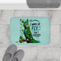 TimeWarp Drip Aqua Parrot Bath Mat—vivid street drip, bold parrot art, “I Wake Up Fly and Confused.” Fresh color splash, standout style. 