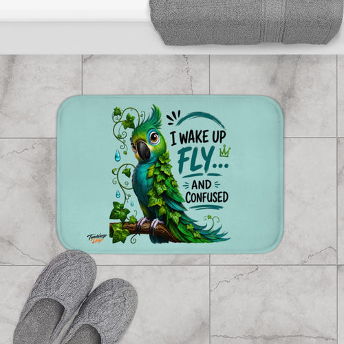 TimeWarp Drip Aqua Parrot Bath Mat—vivid street drip, bold parrot art, “I Wake Up Fly and Confused.” Fresh color splash, standout style. 