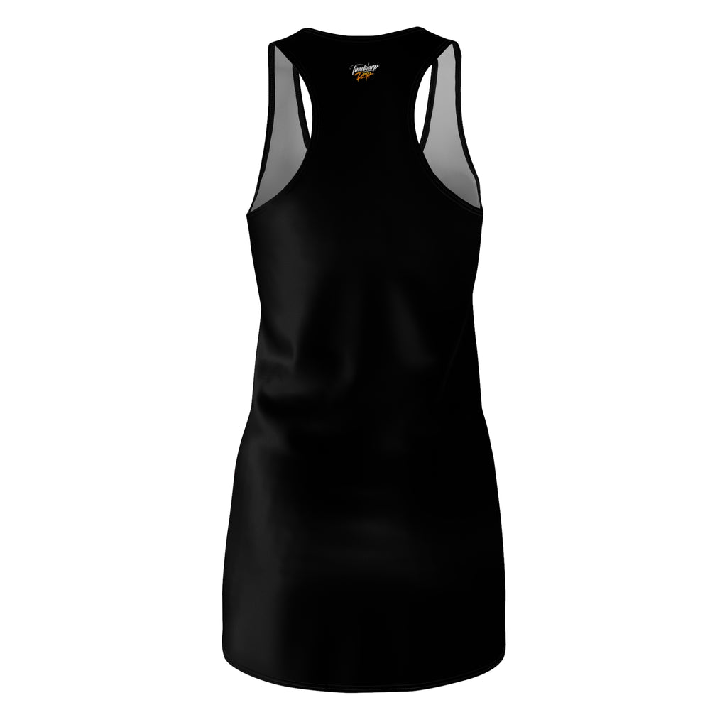 Black racerback dress with all-over print featuring "Big Apple Attitude" design by I LOVE NY, made by TimeWarp Drip.