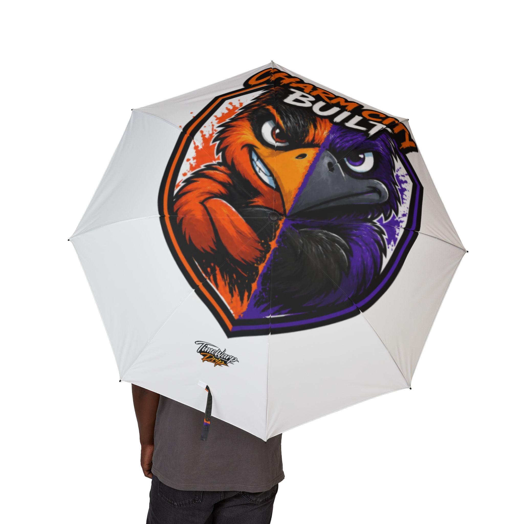 TimeWarp Drip Rock that "Charm City Built" white umbrella—cartoon bird drip, waterproof flex, pure Baltimore streetwear energy. 