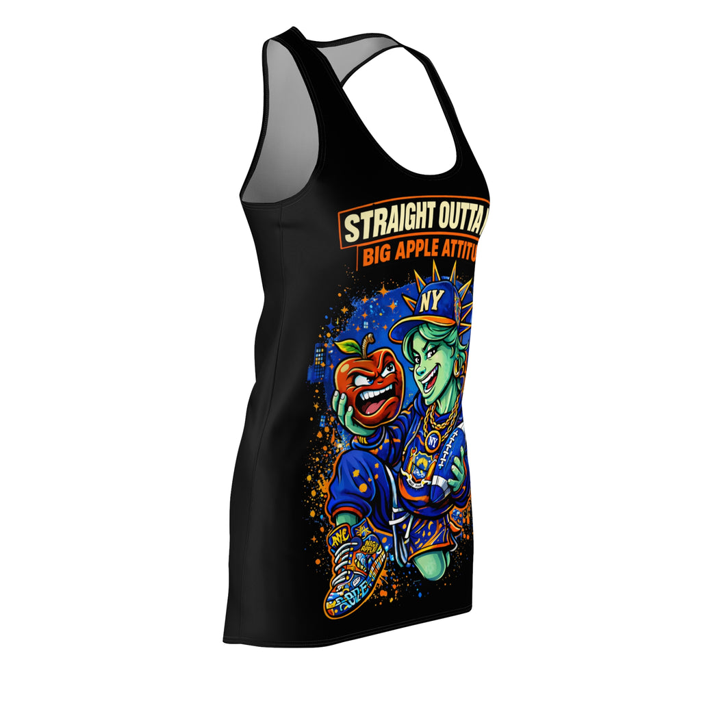 Black racerback dress with "Straight Outta NYC Big Apple Attitude" all-over print by TimeWarp Drip, shown on a mannequin.