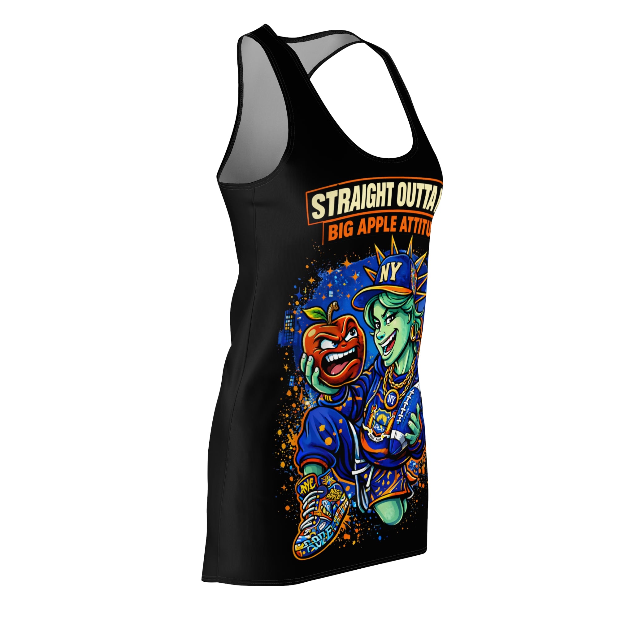 Black racerback dress with "Straight Outta NYC Big Apple Attitude" all-over print by TimeWarp Drip, shown on a mannequin.
