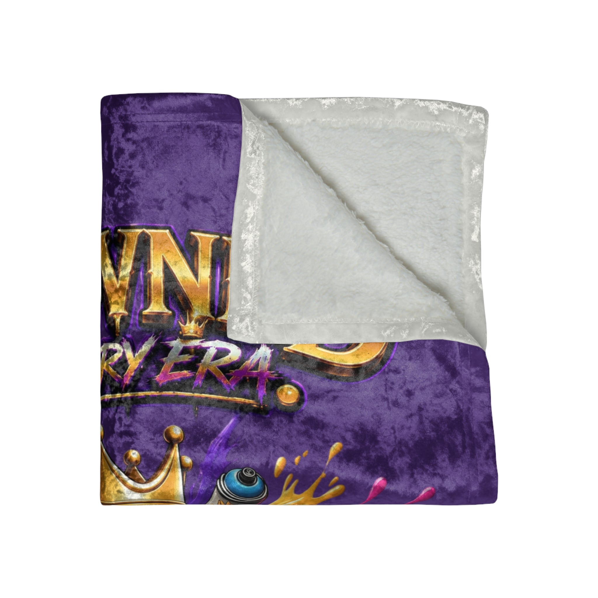 TimeWarp Drip Purple crushed velvet blanket, "Crowned in Every Era" design, gold crown detail—drip royalty for your space. 