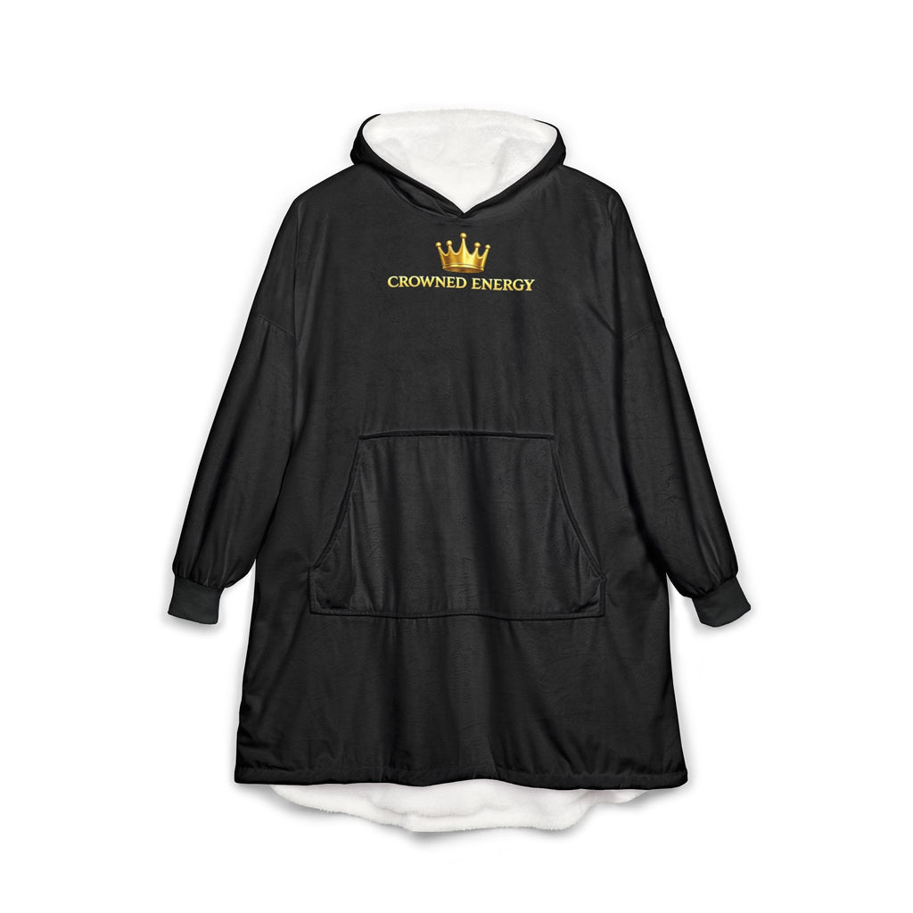 TimeWarp Drip black hooded blanket, "Crowned in Every Era" chess graphic, gold crown drip, white fleece—streetwear royalty unleashed. streetwear apparel