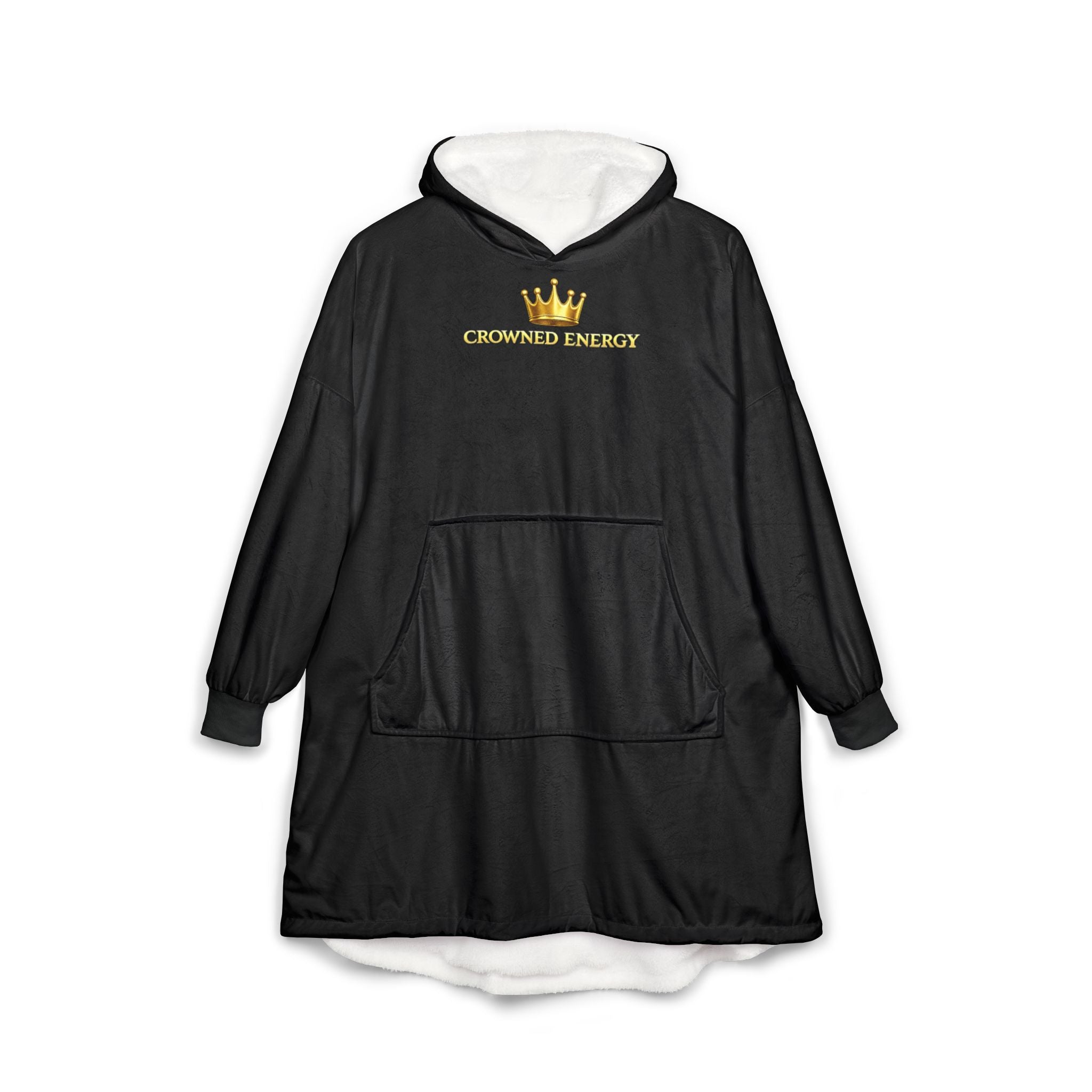 TimeWarp Drip black hooded blanket, "Crowned in Every Era" chess graphic, gold crown drip, white fleece—streetwear royalty unleashed. streetwear apparel