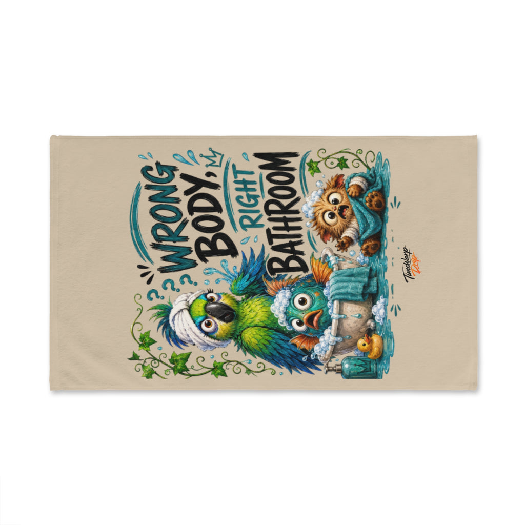 TimeWarp Drip beige hand towel drips with street style—mythical creatures pop, "Wrong Body, Right Bathroom" makes a bold flex. 